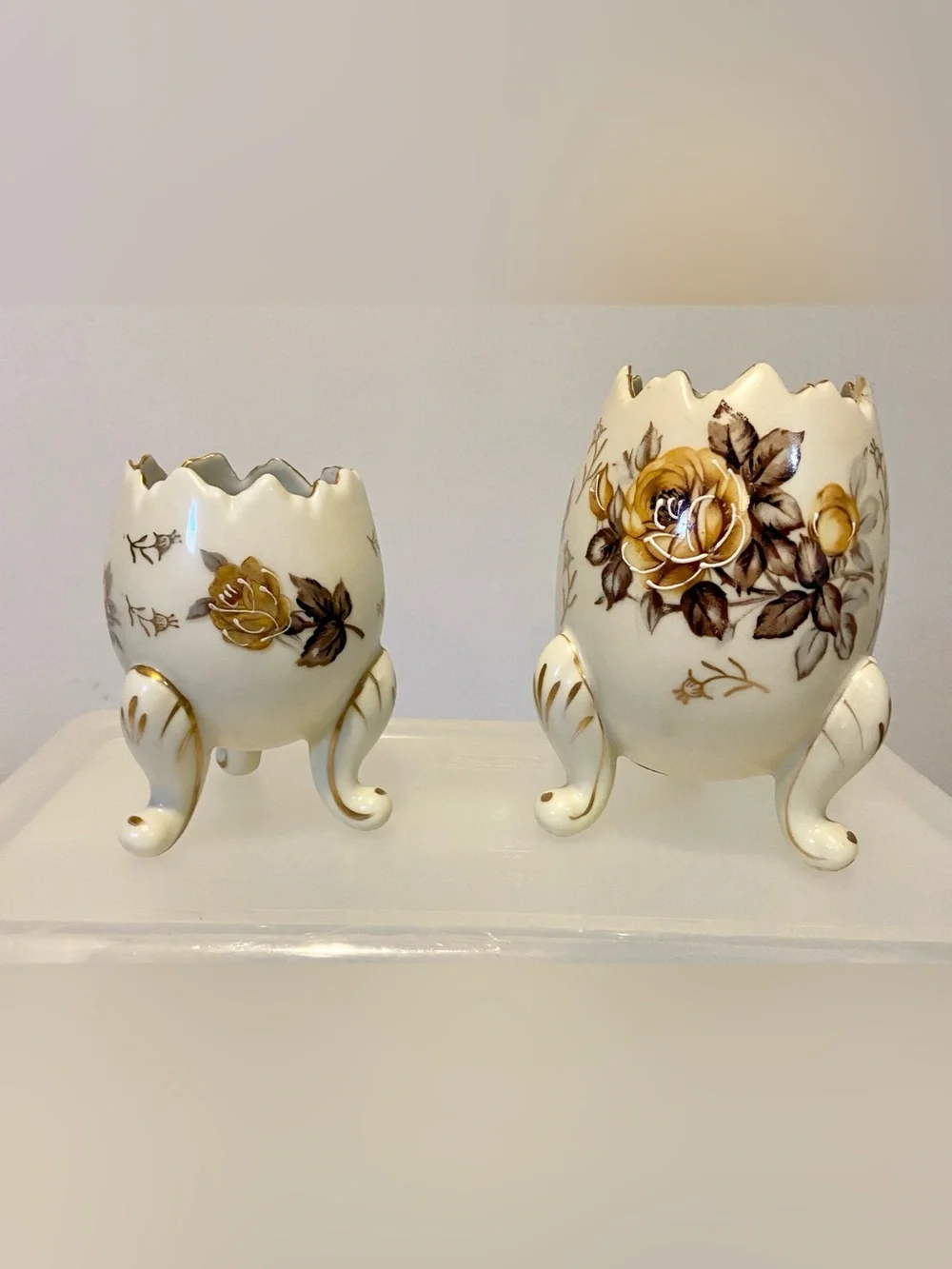 Pair of Vintage Napcoware Cracked Egg Vases with Brown and Gold Flowers